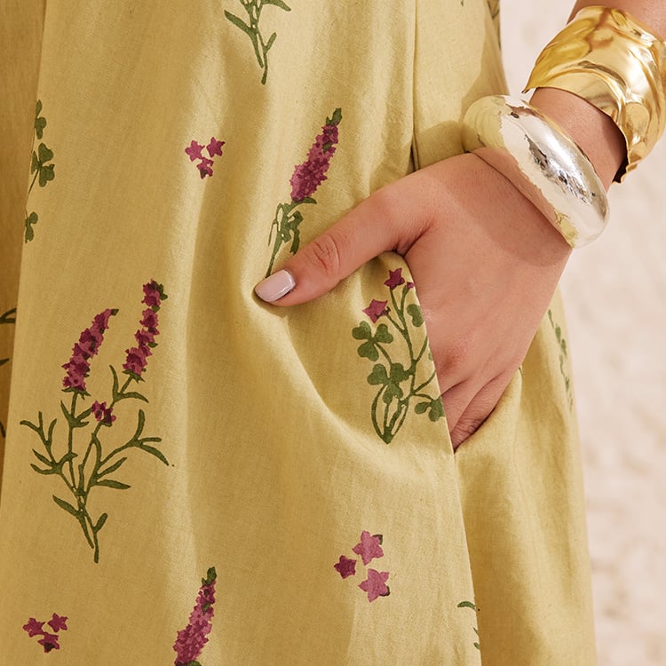 Sage Green Chanderi Hand Block Floral Dress