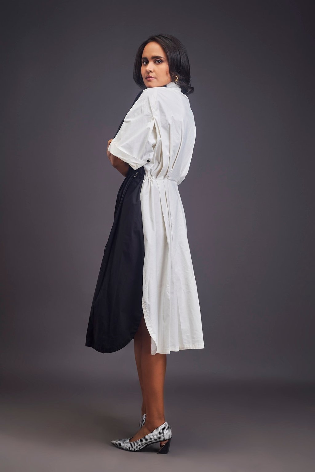 Pleated Oversized Shirt Dress with Patchwork