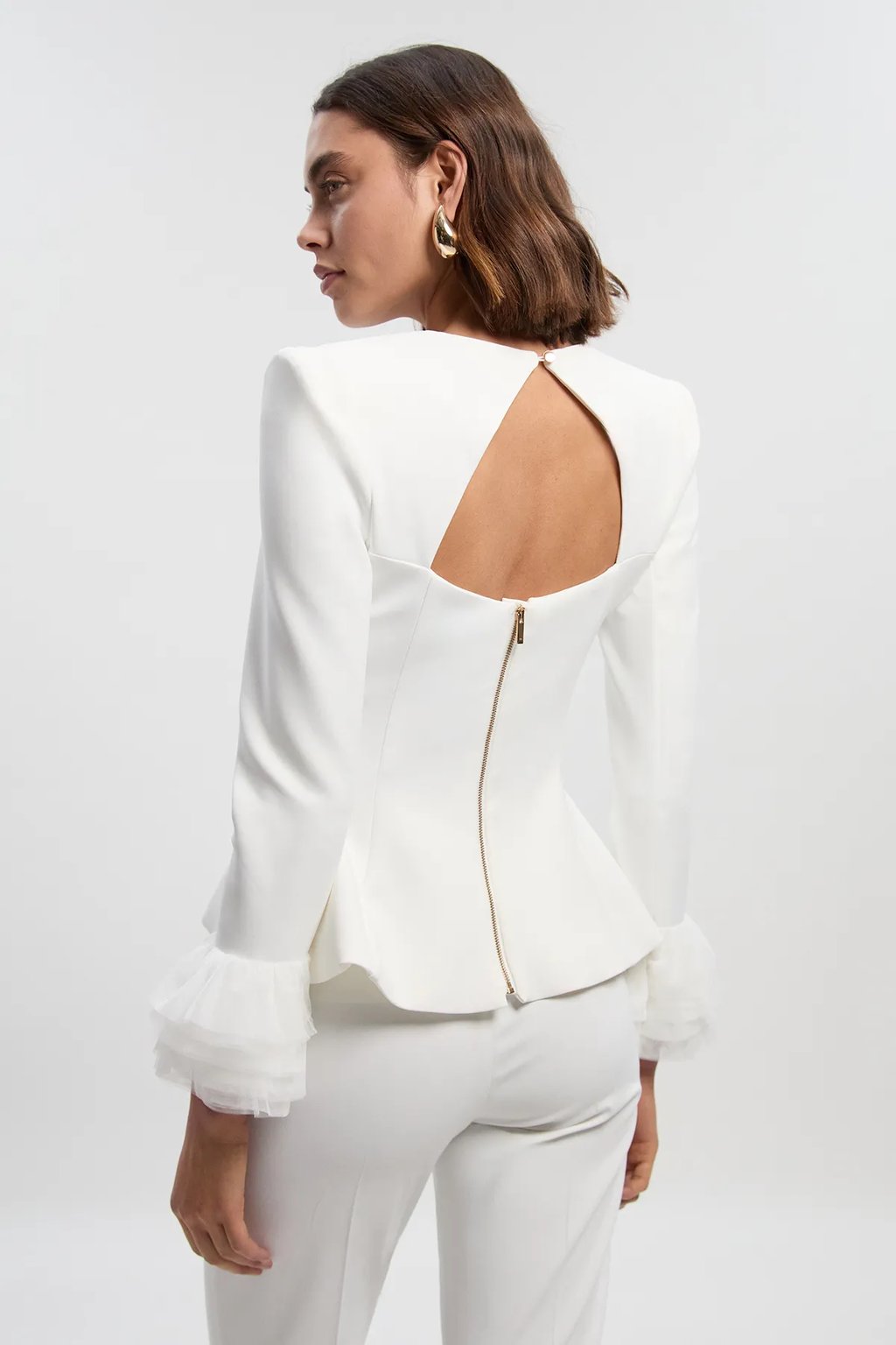 Scuba Drama Tulle Detail Cuff Woven Peplum Top