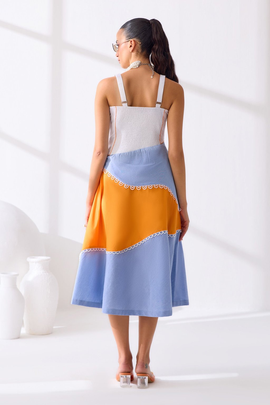 Ralph Midi Dress White, Orange & Blue