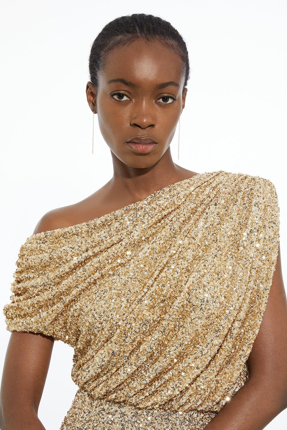 Draped One Shoulder Jersey Stretch Sequin Mini Dress