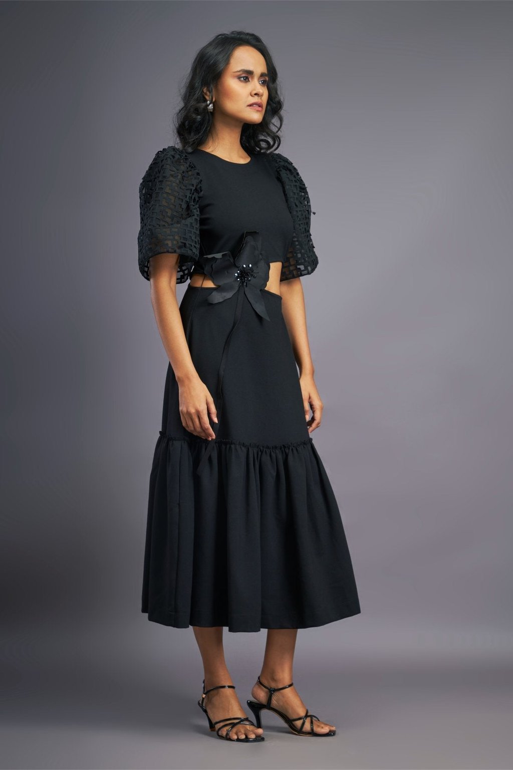 Cutout Ruffle Dress with Cutwork Sleeves