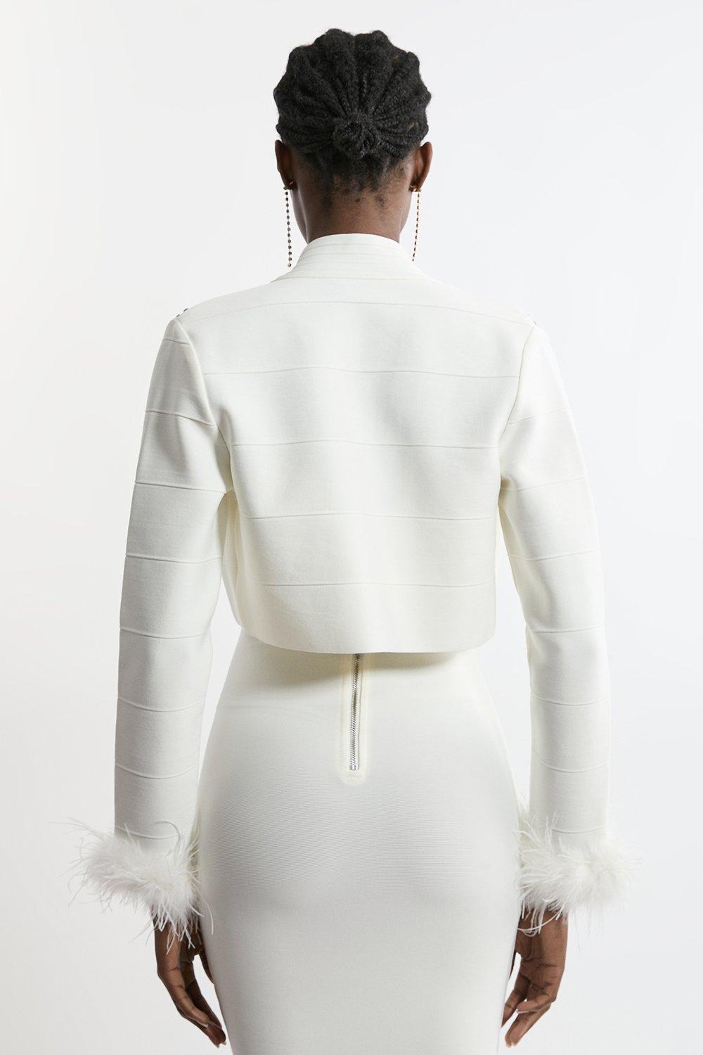 Figure Form Bandage Embellished Feather Cuff Crop Knit Jacket