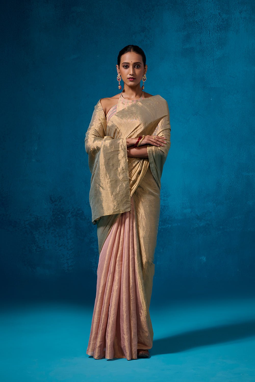 Farozaan Tissue Fabric Peach & Green Sarees