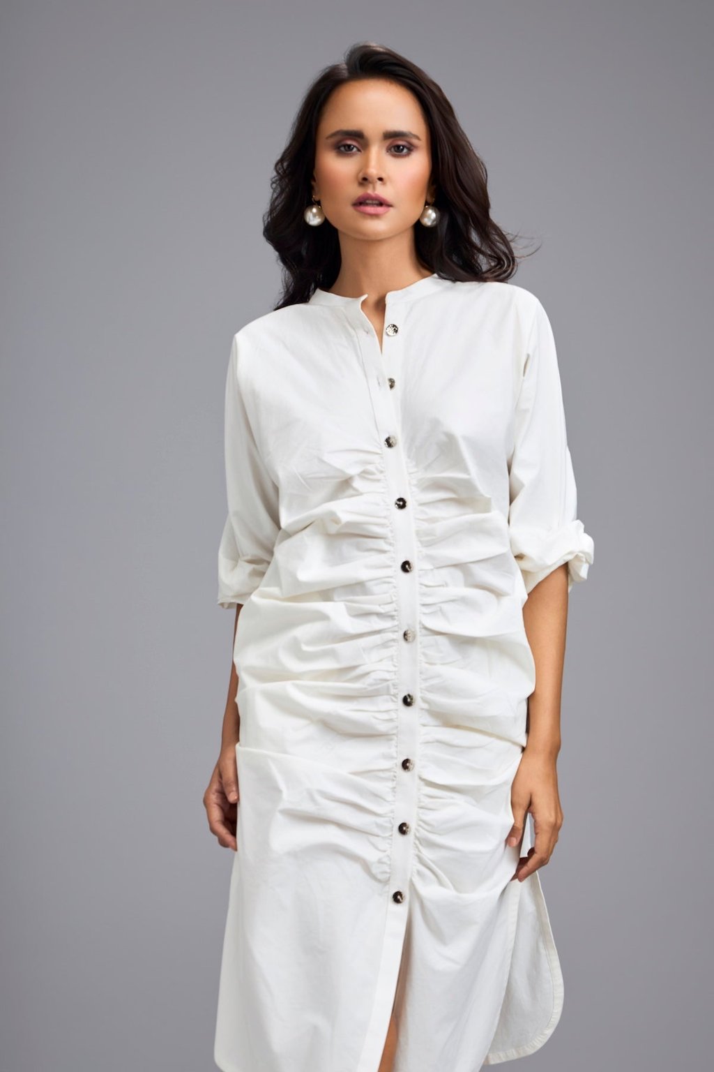 White Ruched Button-Down Shirt Dress