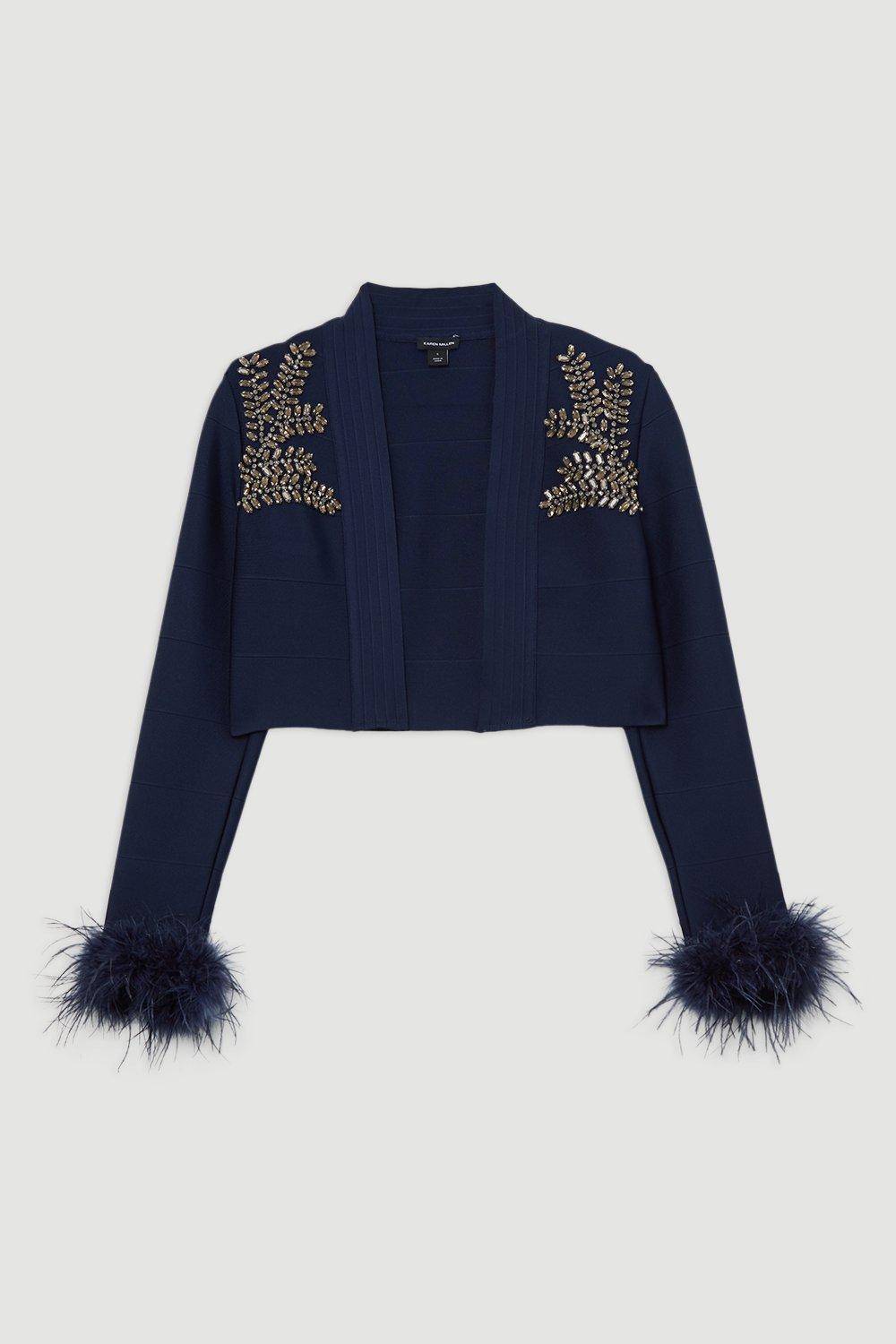 Figure Form Bandage Embellished Feather Cuff Crop Knit Jacket