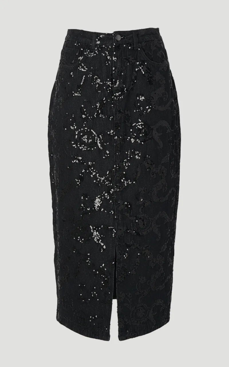 Sequin Denim Pencil Skirt