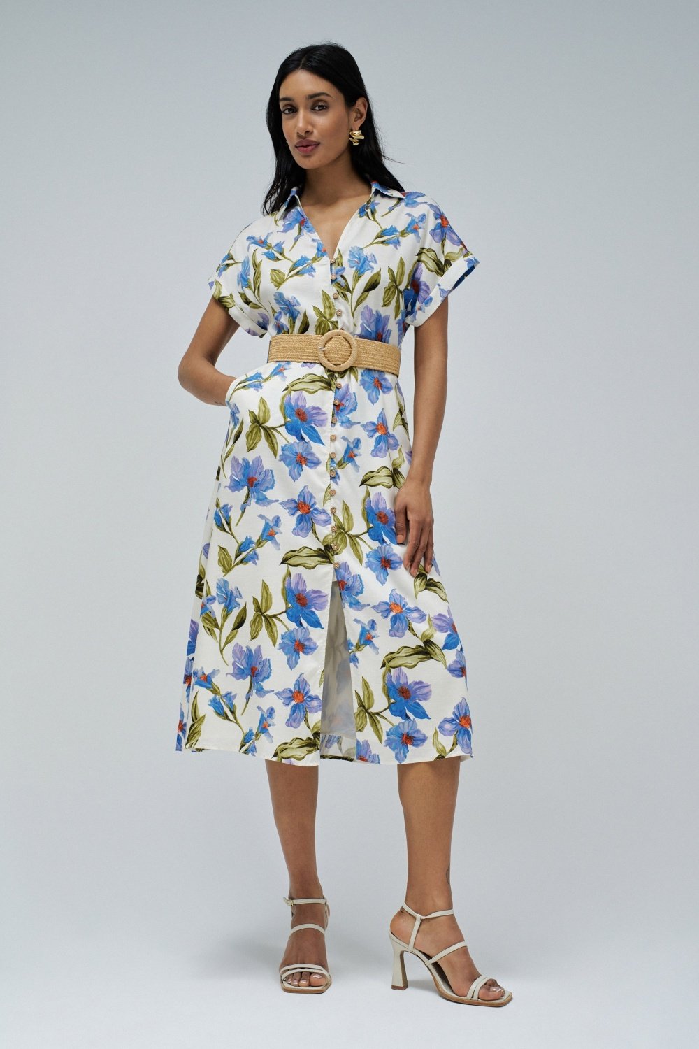 Linen Shirt Dress W/Front Buttoned Belt