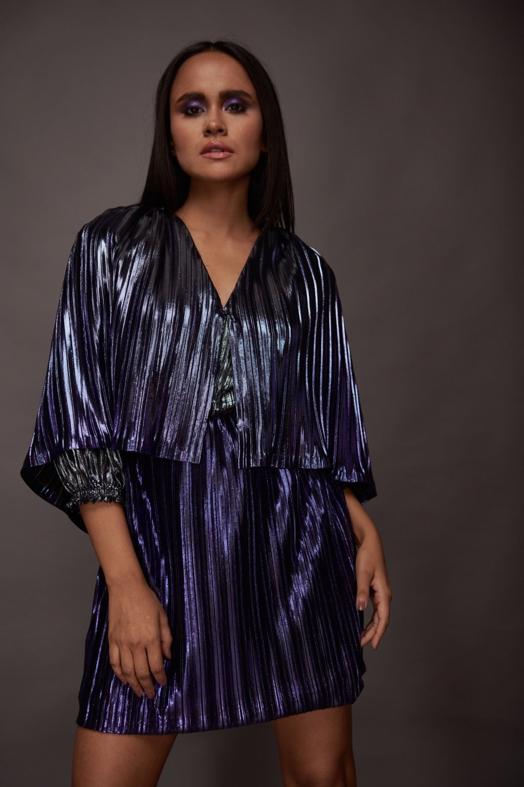 Pleated Metallic Cape Style Short Dress