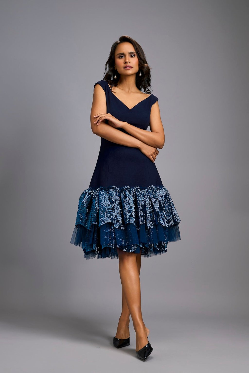 Off-Shoulder Navy Blue Dress with Shimmer Ruffles