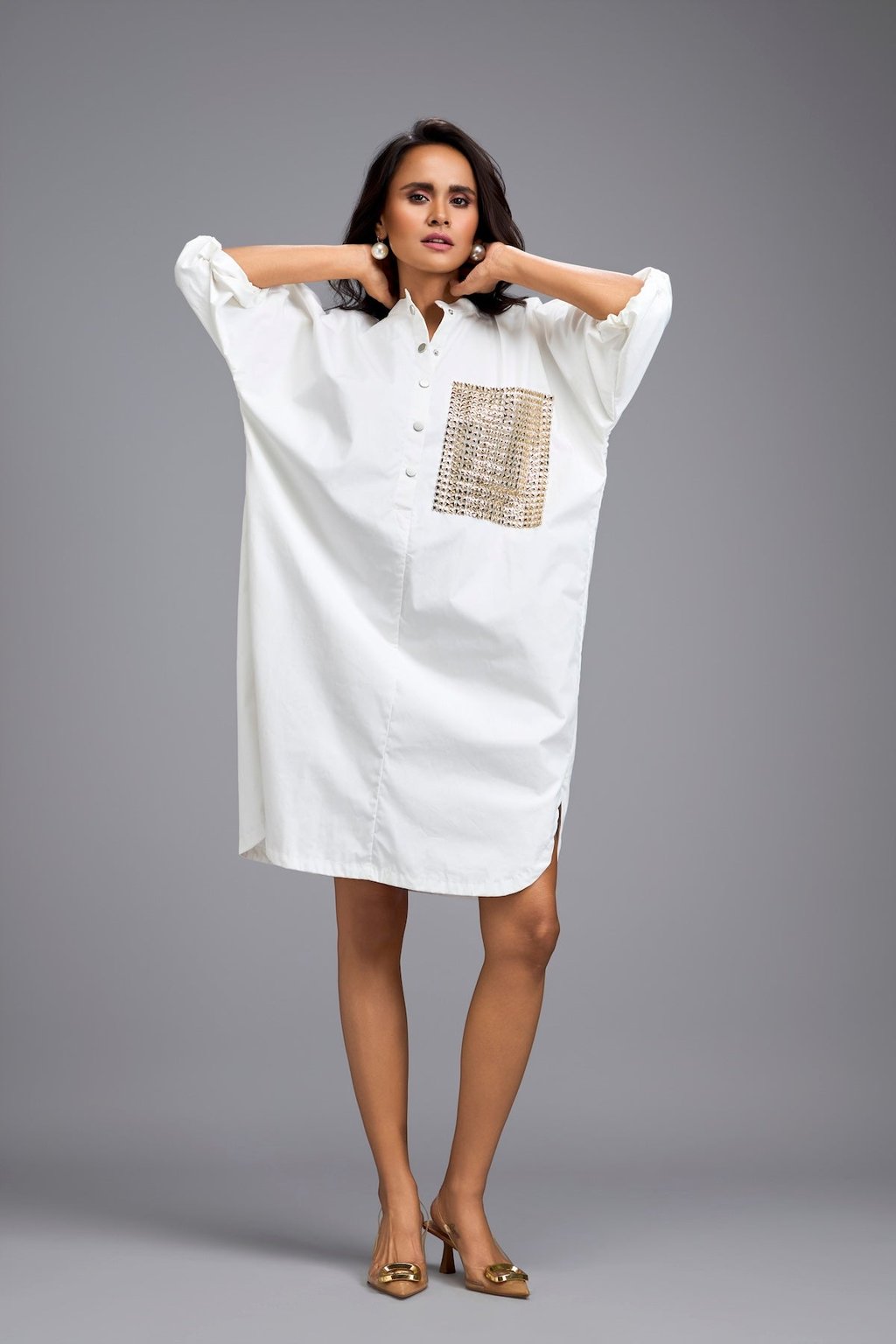 White Oversize Shirt Dress with Embellished Pocket