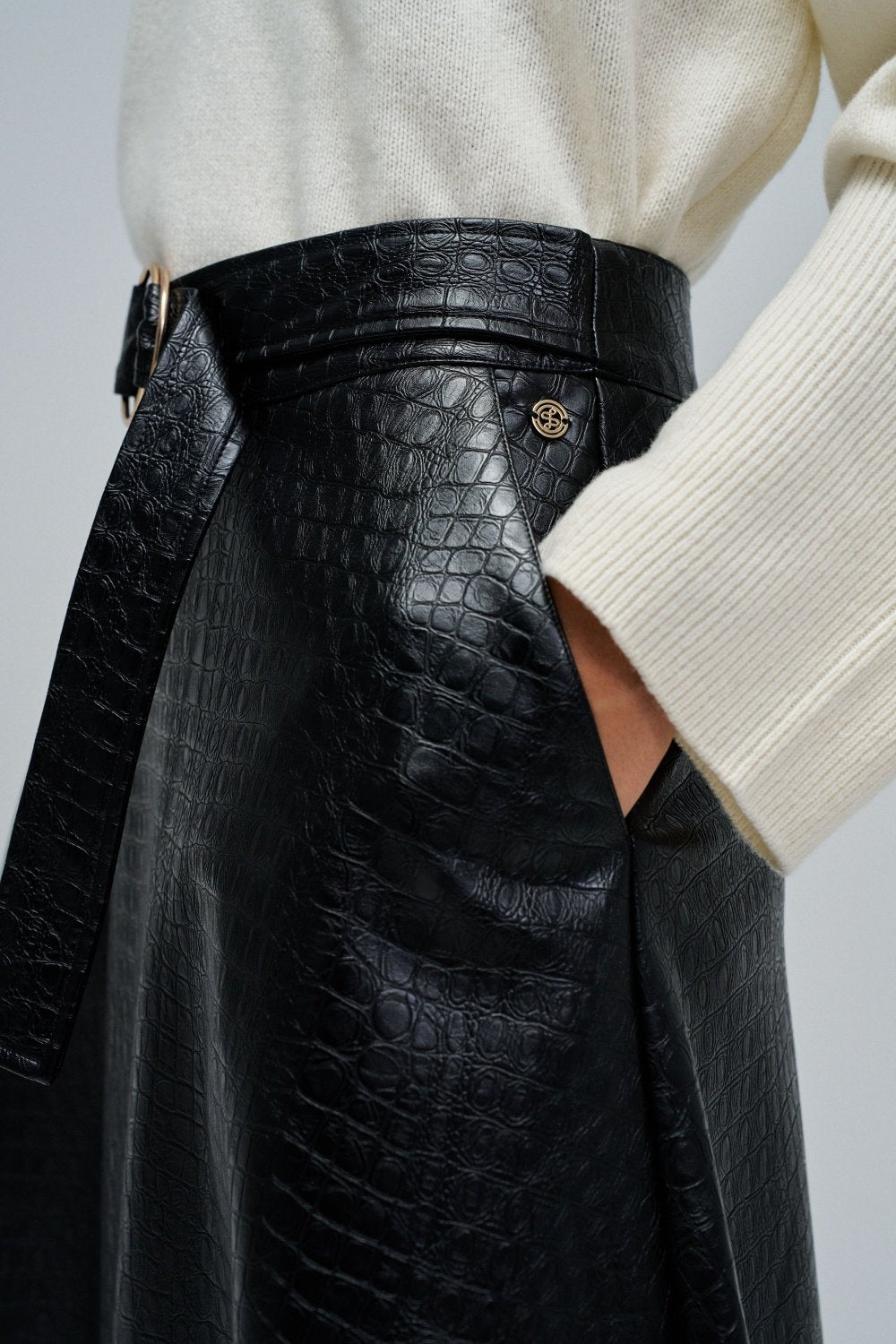 Faux Leather Midi Skirt with Belt