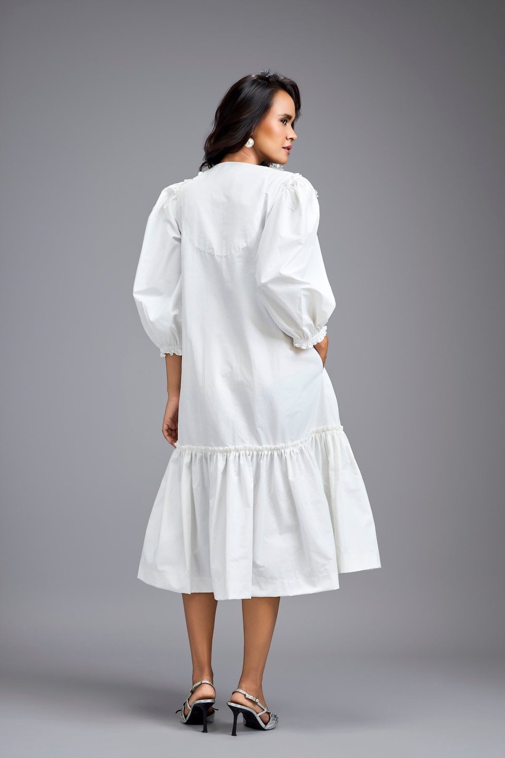 Long Gathered Hem Embellished Dress