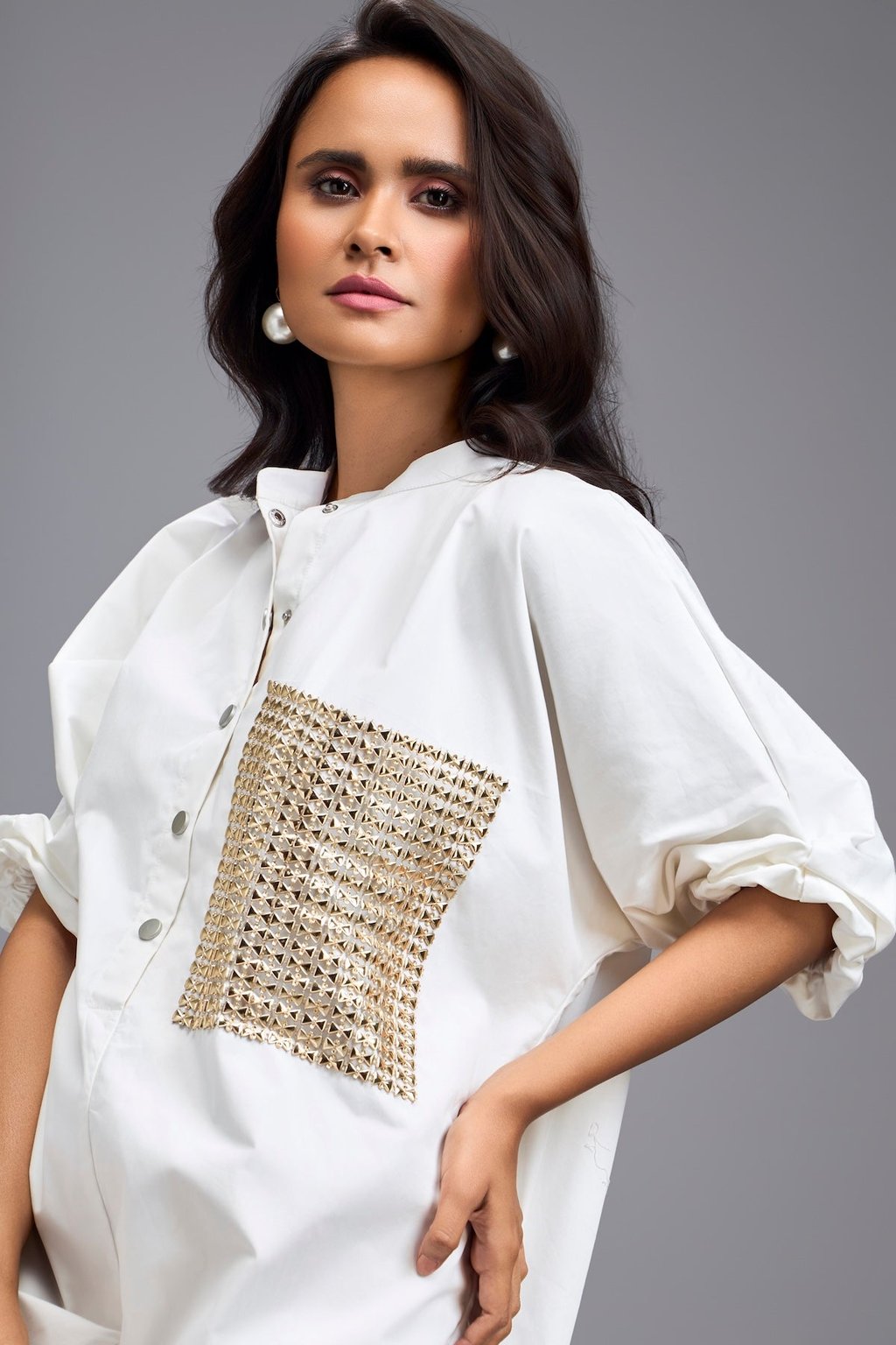 White Oversize Shirt Dress with Embellished Pocket