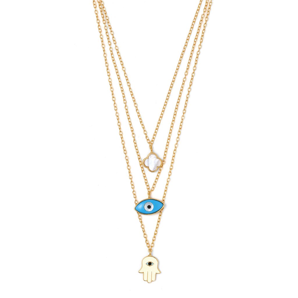 Multi Layer Neckchain - Hamsa, Clover, Evil Eye