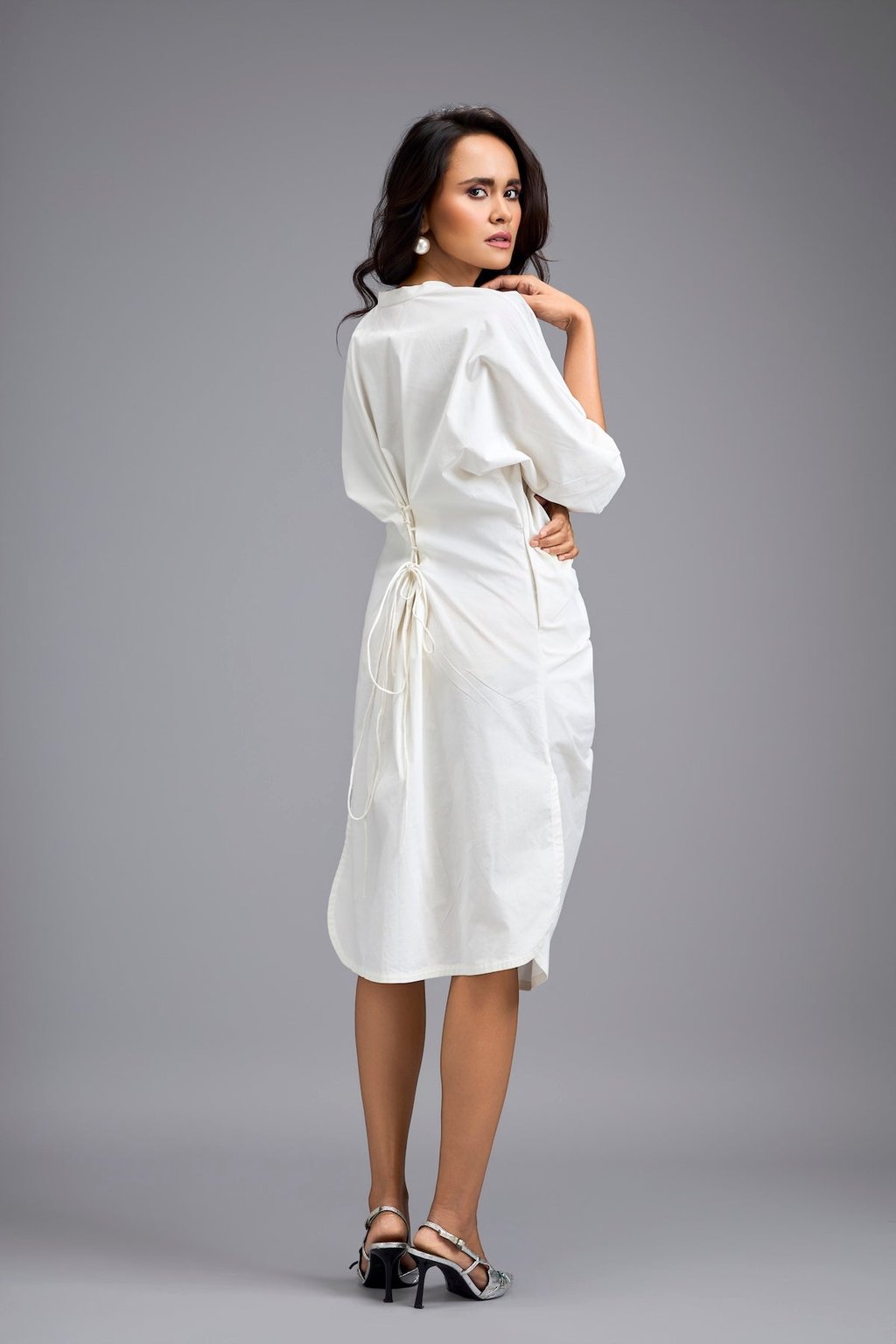 White Ruched Button-Down Shirt Dress