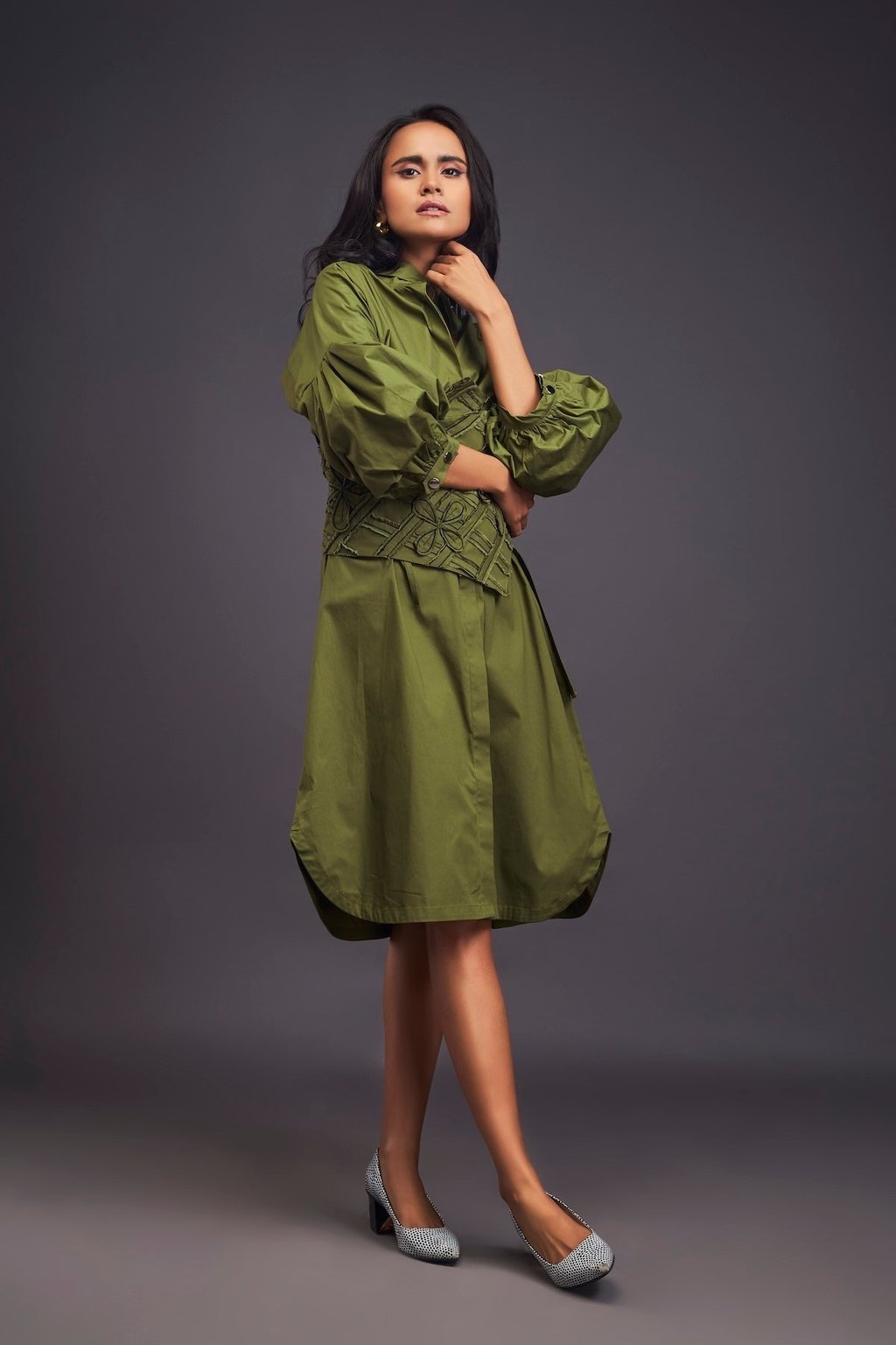 Shirt Dress with Applique Corset Style Tie up Belt