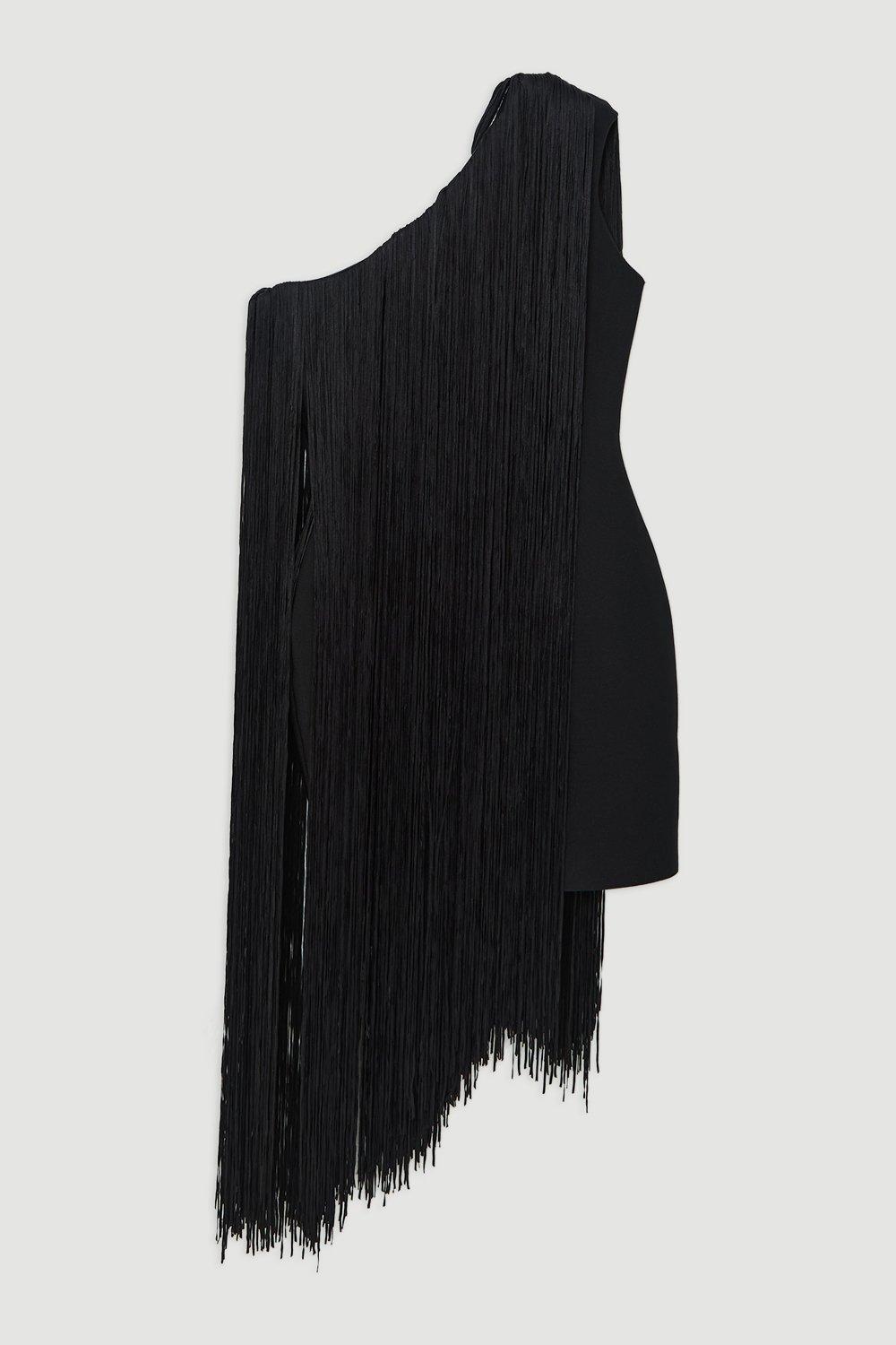 Figure Form Bandage One Shoulder Fringe Mini Knit Dress