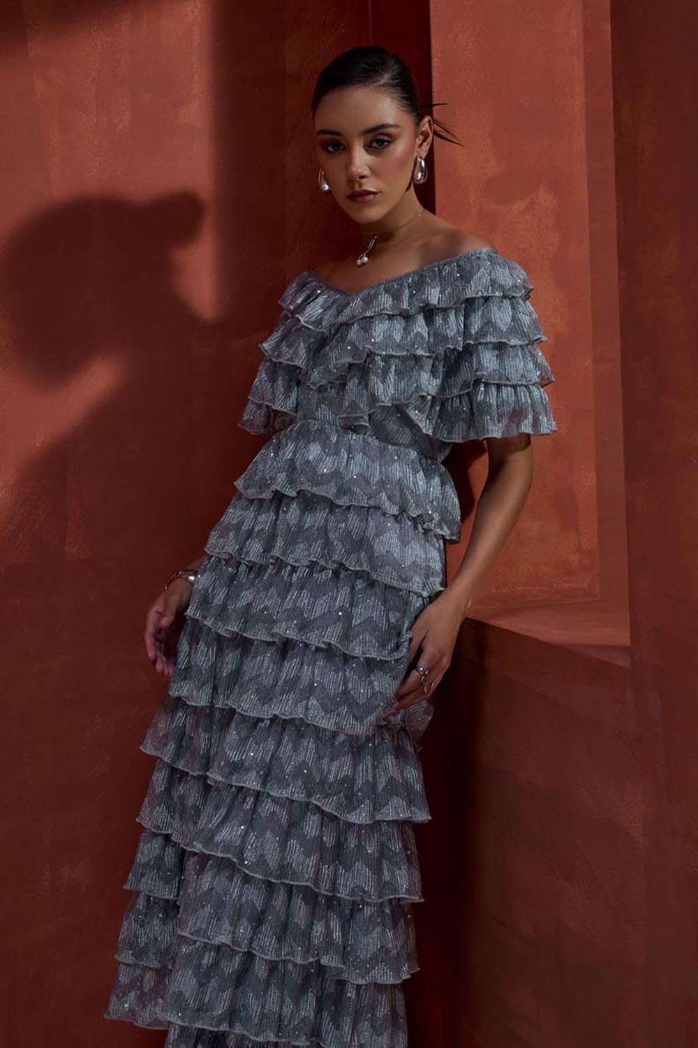 Off the Shoulder Mettalic Ruffled Midi Dress