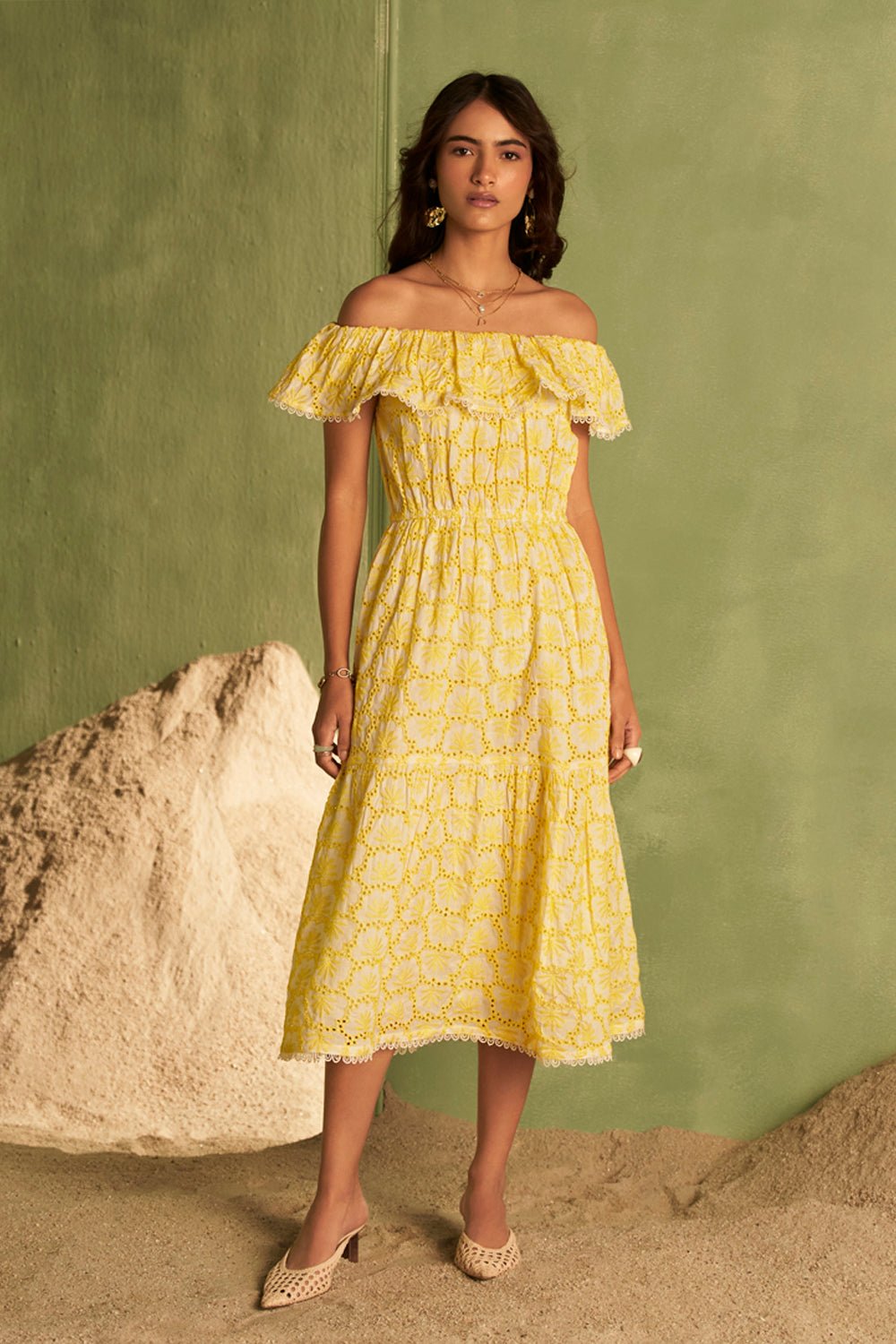 Sunkissed Eyelet Lace off the Shoulder Midi Dress