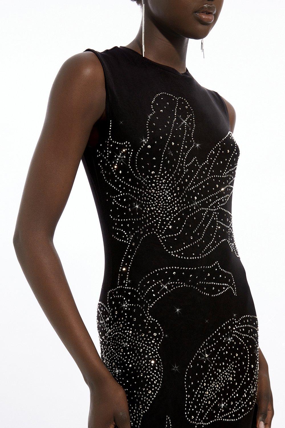 Placed Embellished Floral Mesh Jersey Midi Dress