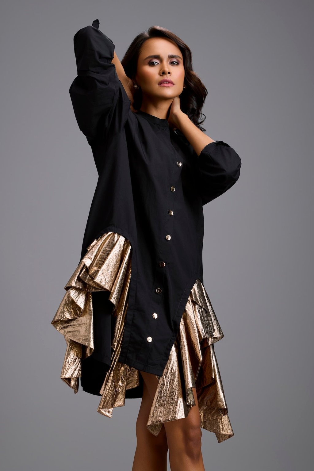 Black Mini Dress with Gold Ruffles
