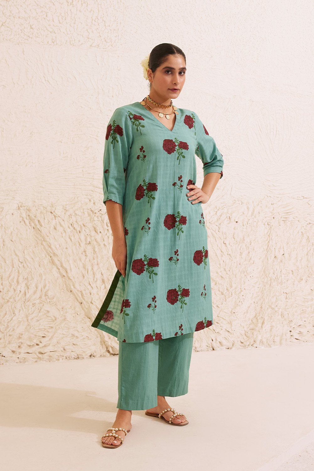 Teal Cotton Hand Block Floral Print Kurta Set