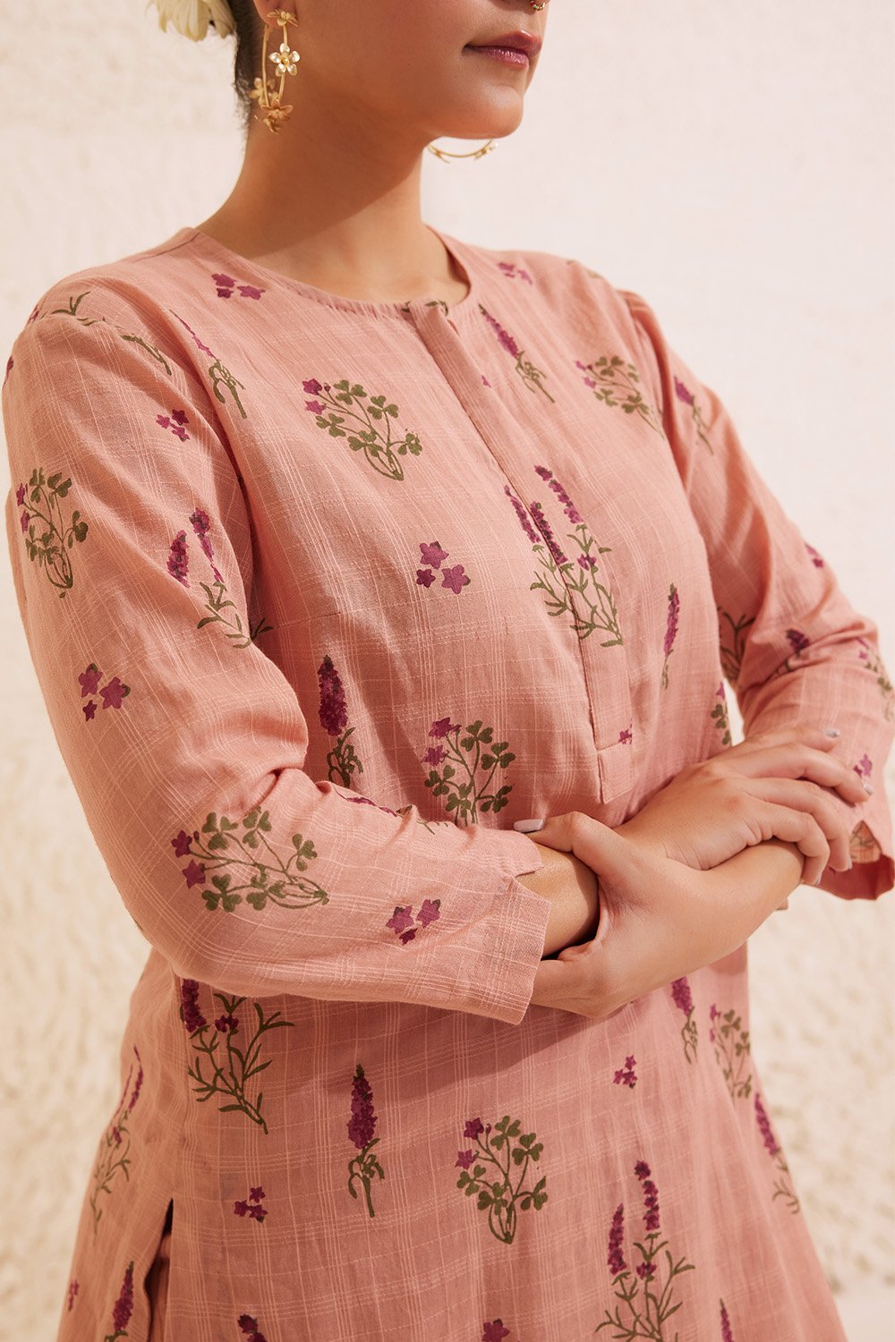 Pink Cotton Hand Block Floral Kurta Set