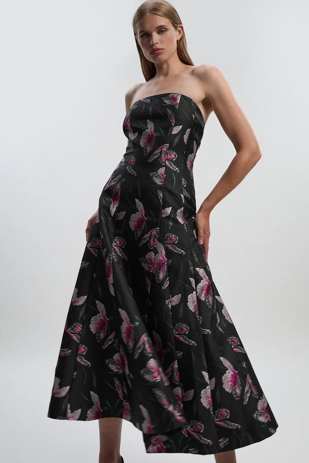 Jacquard Bandeau Full Skirted Midi Dress