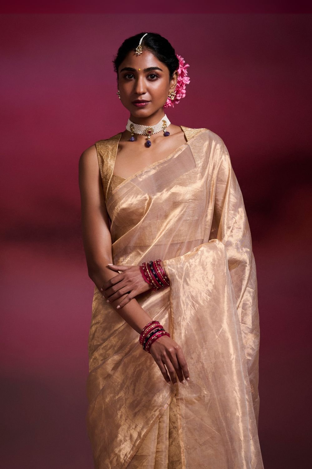 Handwoven Chanderi Tissue Saree in Light Gold