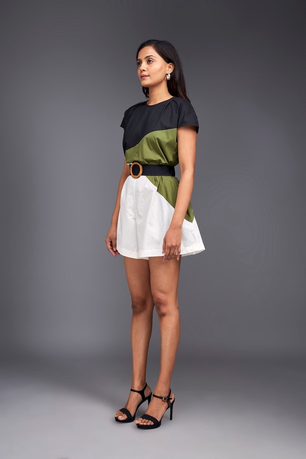 Colour Block Drop Sleeves Playsuit with Belt