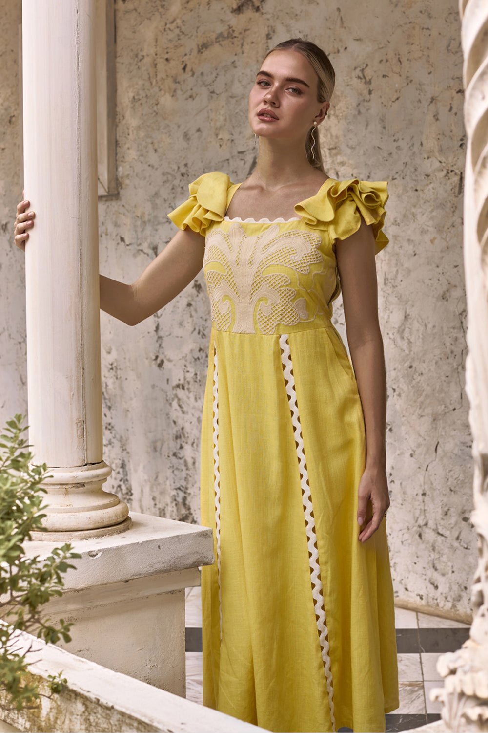Flutter Sleeve and Honeycomb Embroidered Dress