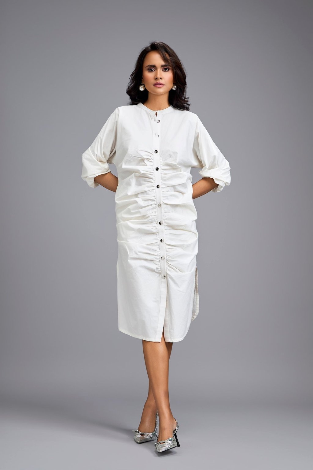 White Ruched Button-Down Shirt Dress