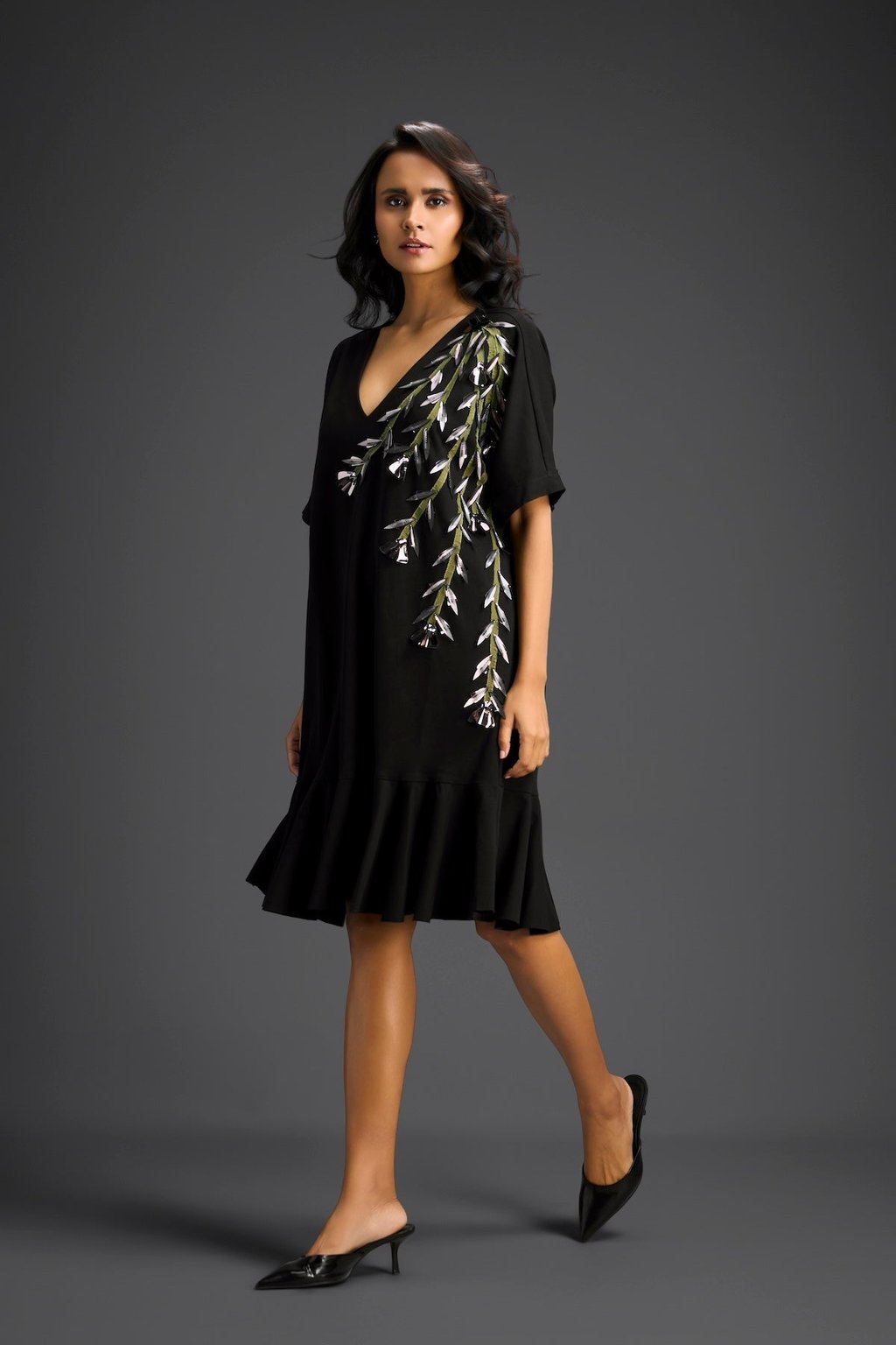 Black Short Sleeves Cut-Out Embroidered Dress