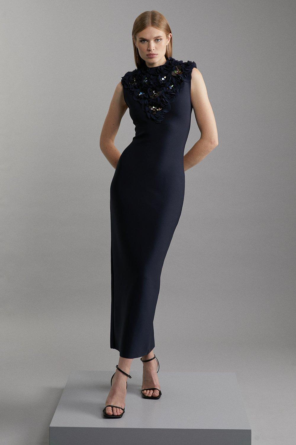 Figure Form Bandage Embellished Neck Midaxi Column Dress