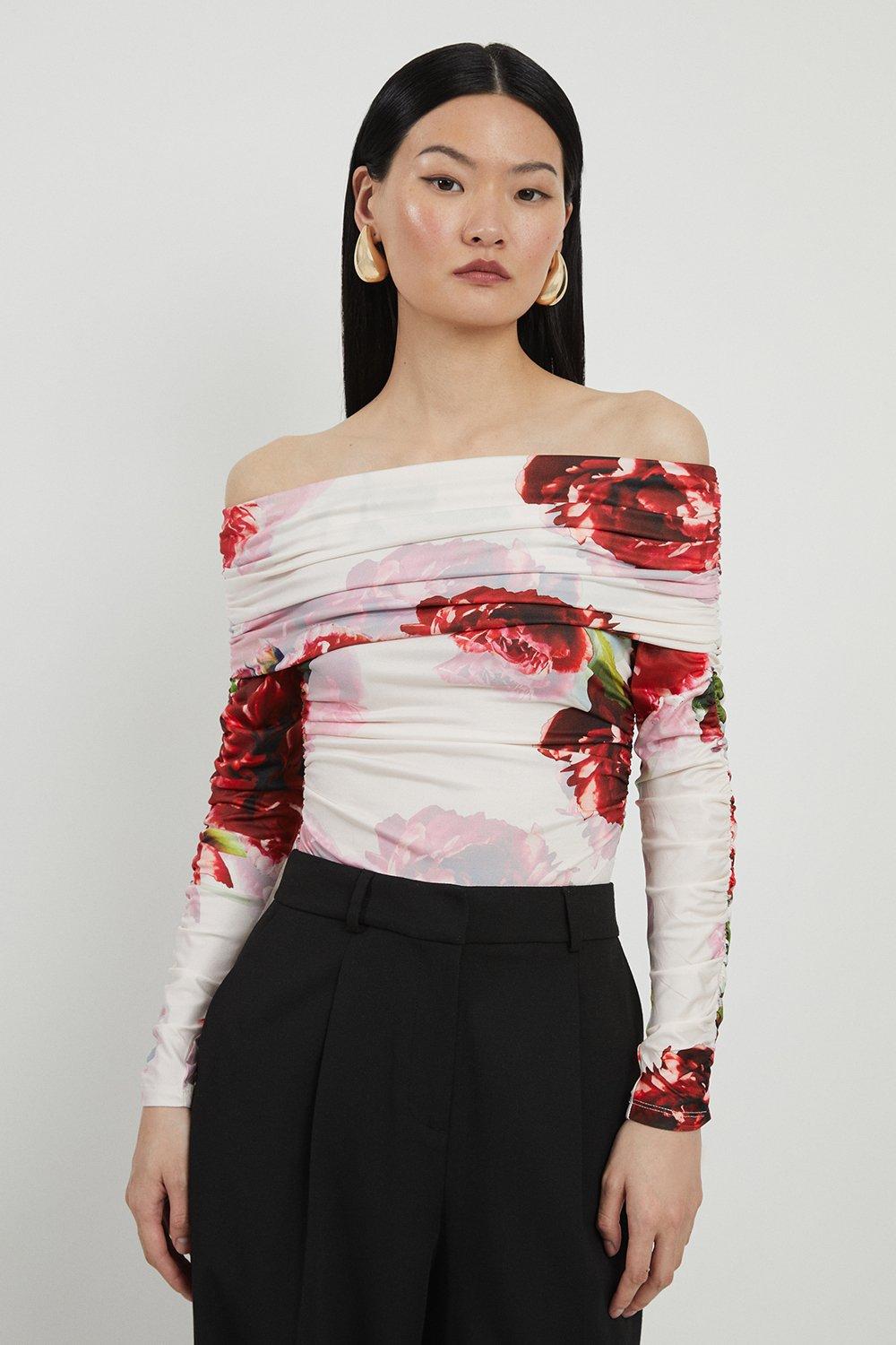 Rose Print Drapey Crepe Jersey Bardot Bodysuit