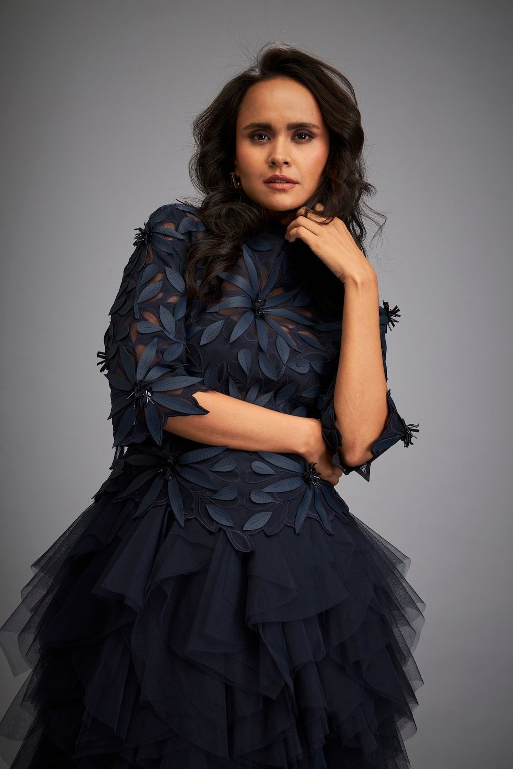 High-Neck Floral Applique Dress