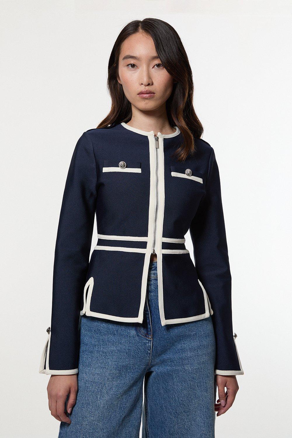 Figure Form Bandage Military Contrast Piping Knit Split Hem