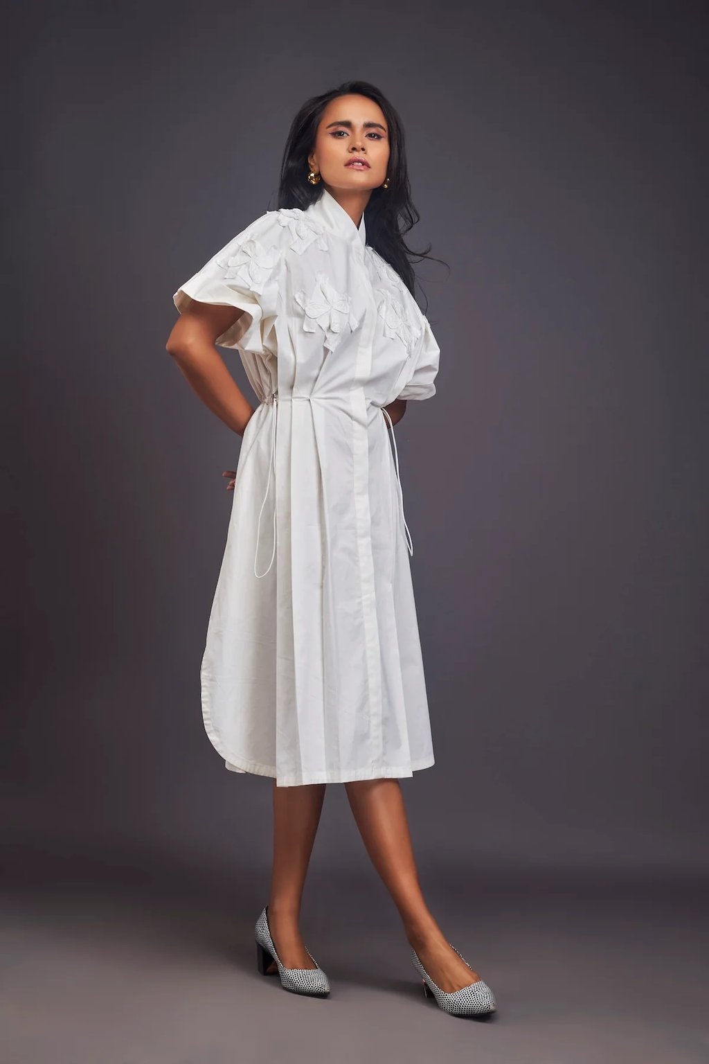 Pleated Oversized Shirt Dress with Patchwork White