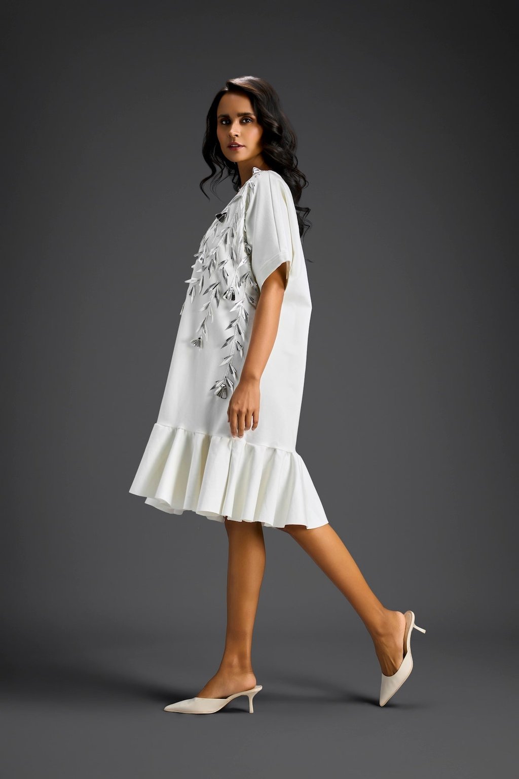 White Short Sleeves Cut-Out Embroidered Dress
