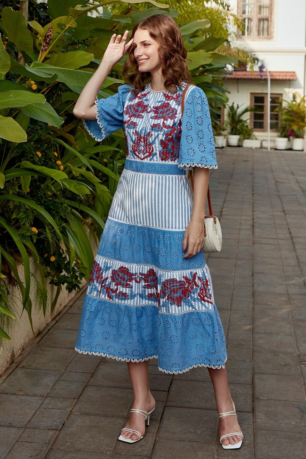 Aqua Floral Embroidered and Broderie Midi Dress