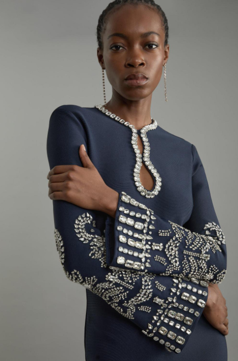 Figure Form Bandage Knit Embellished Wide Sleeve Maxi Dress