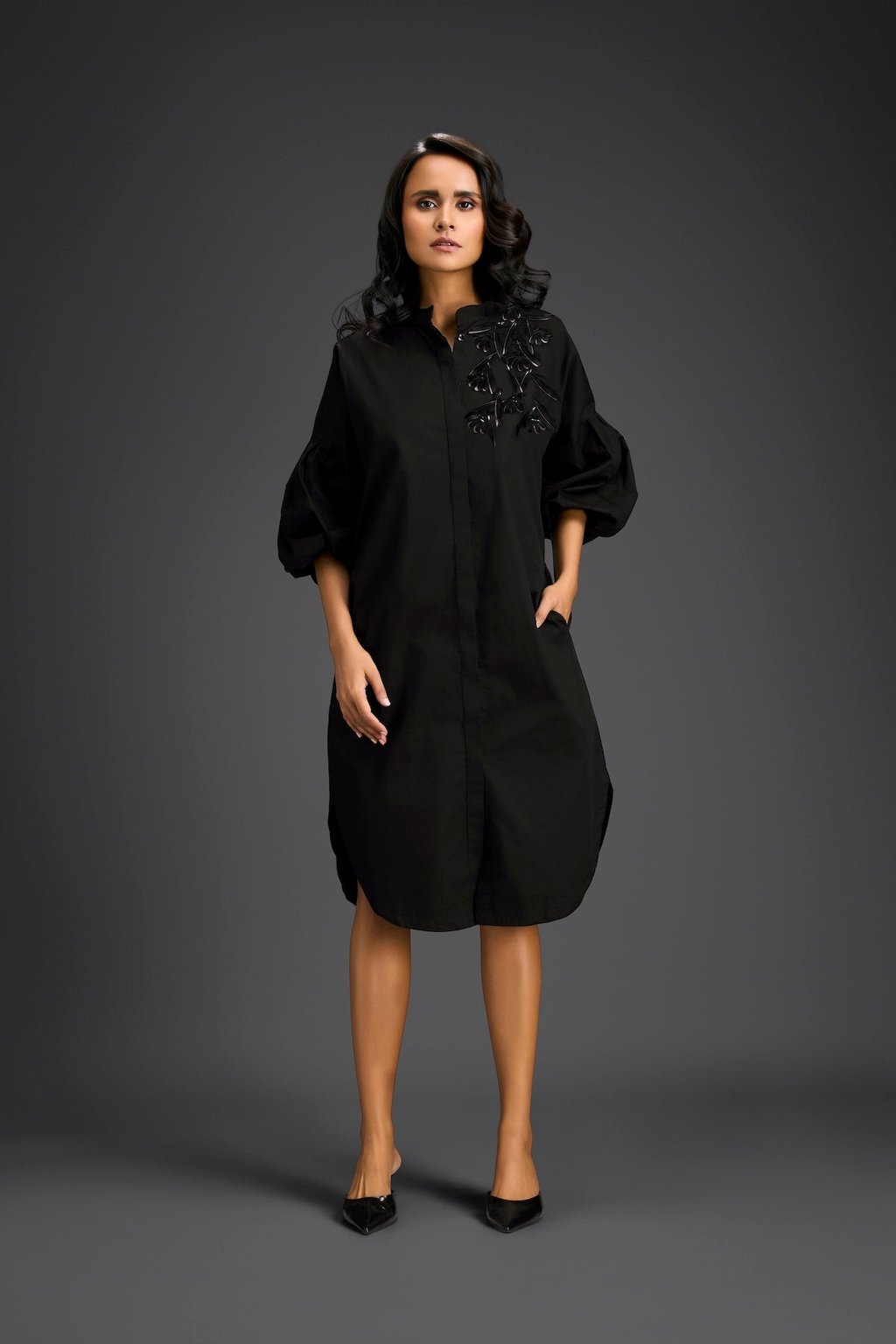 Black Puffed Sleeve Shirt Dress with Sheer Back