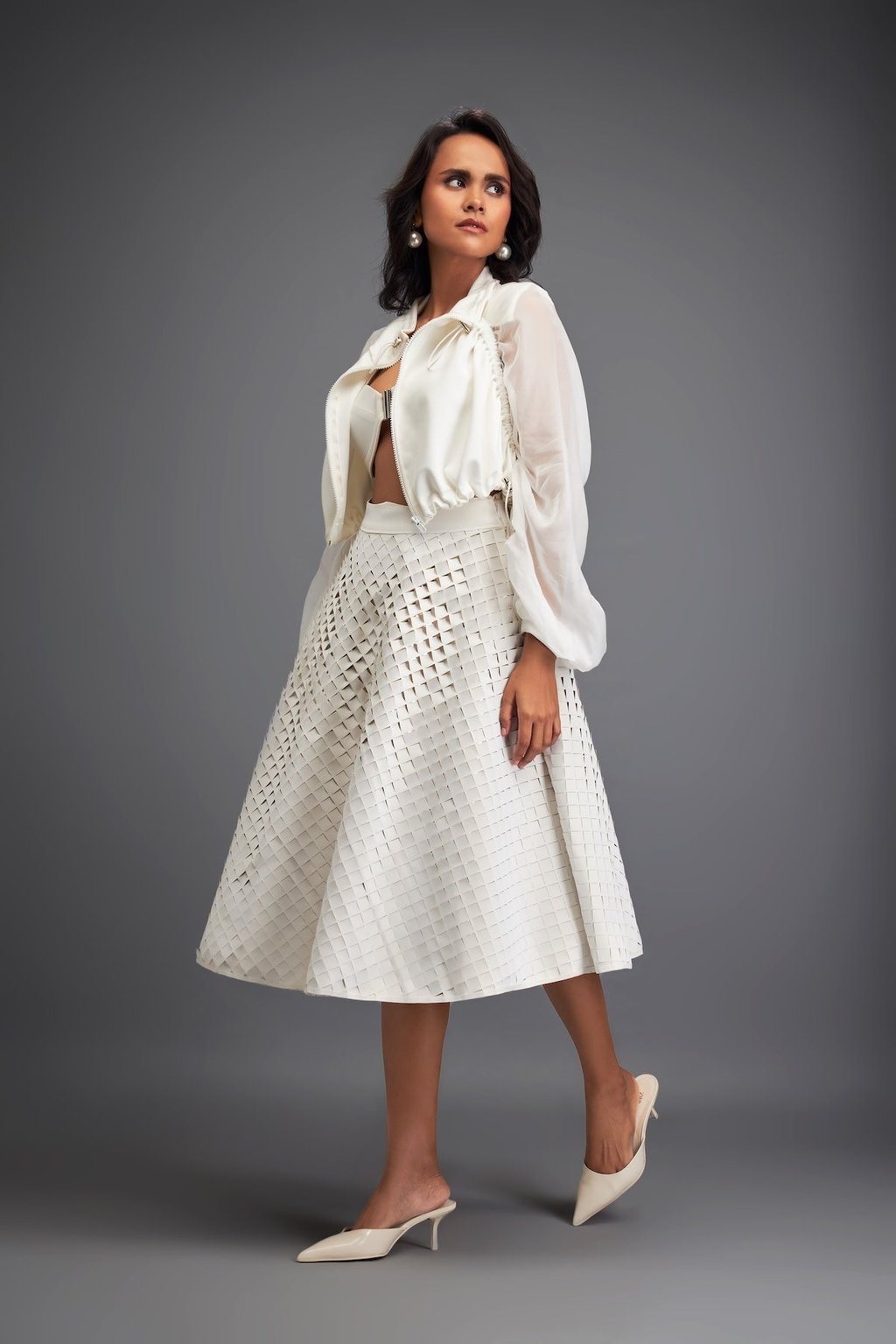 3d Textured A-Line Skirt with Grid Pattern