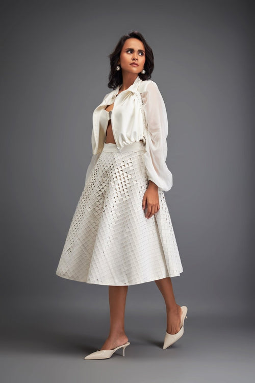 3d Textured A-Line Skirt with Grid Pattern