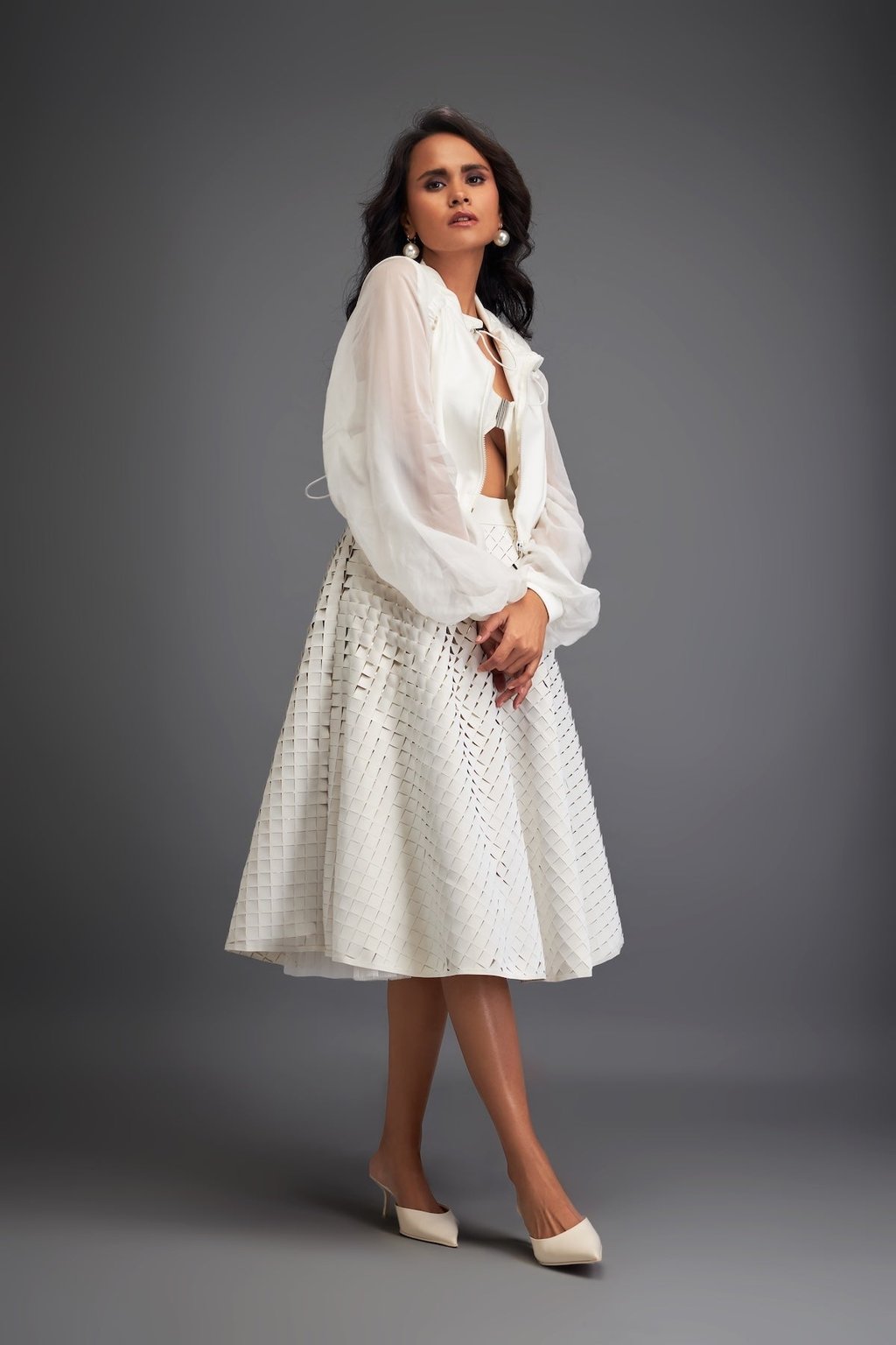 3d Textured A-Line Skirt with Grid Pattern