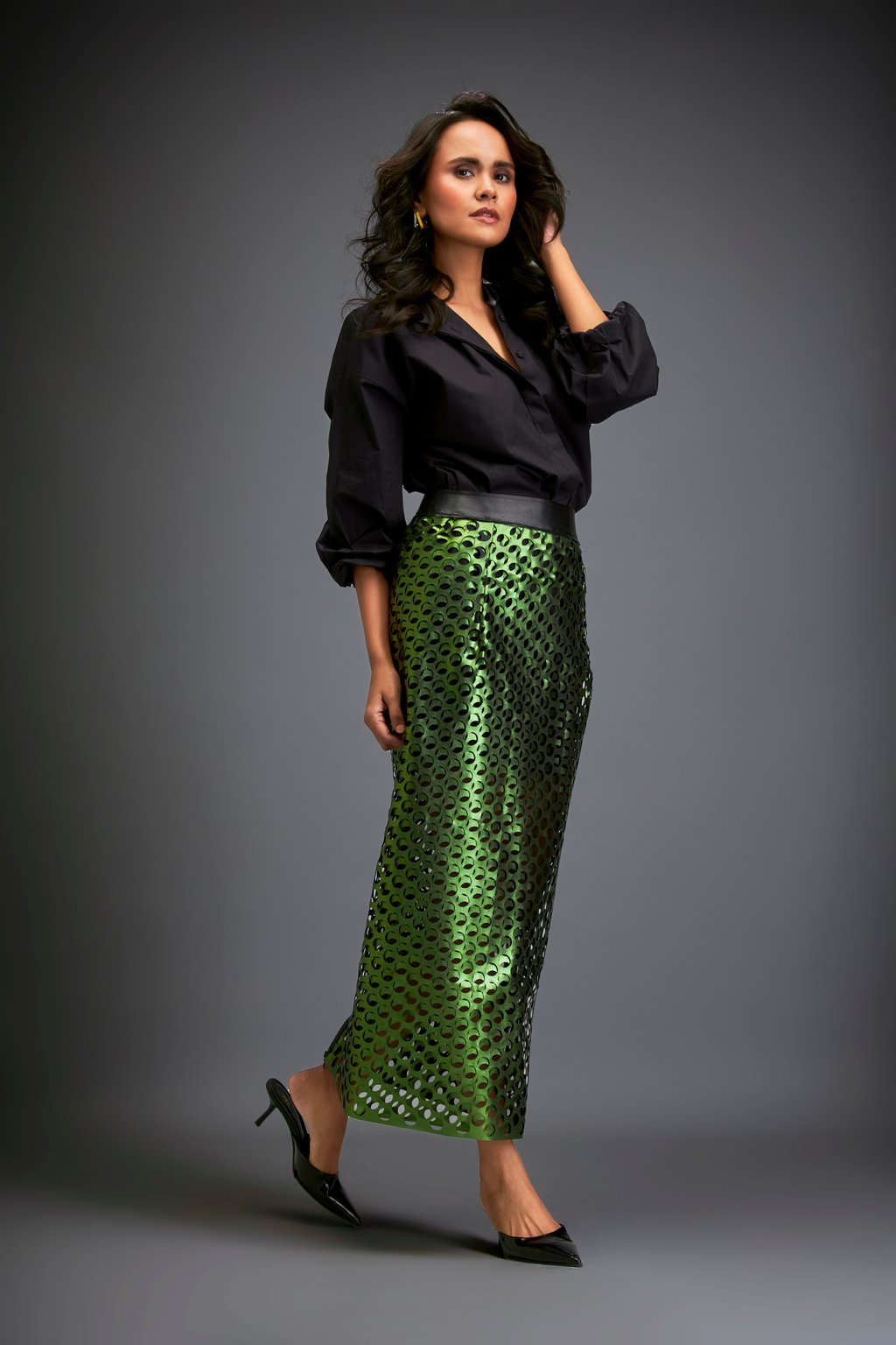 Metallic Skirt with Geometric Cutout Detailing