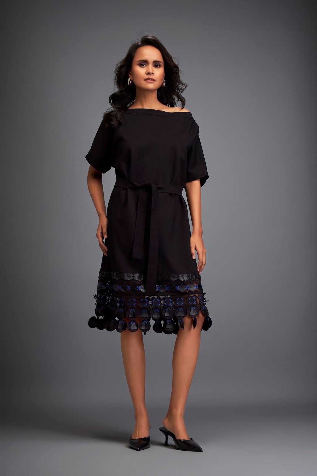 Structured Dress with Leather Applique Hem and Belt