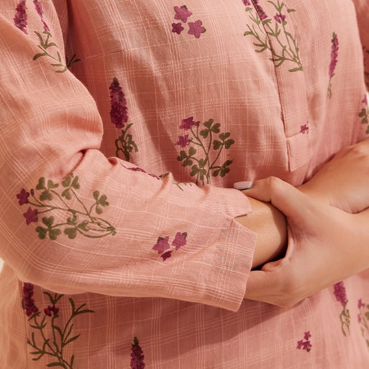 Pink Cotton Hand Block Floral Kurta Set