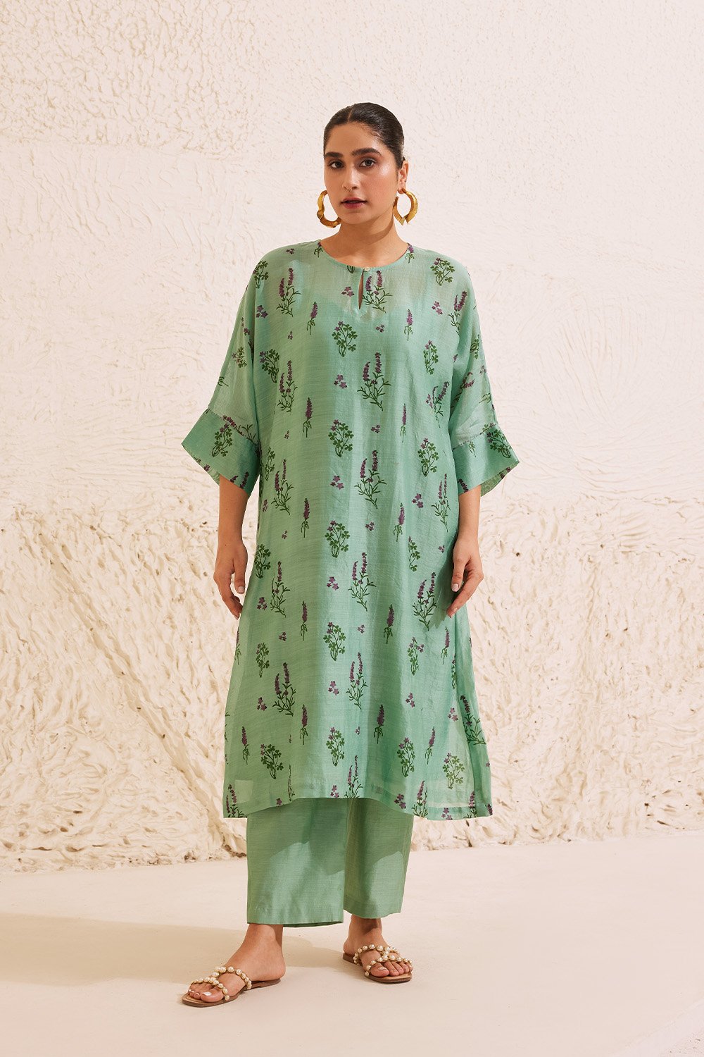 Teal Chanderi Hand Block Floral Kurta Set